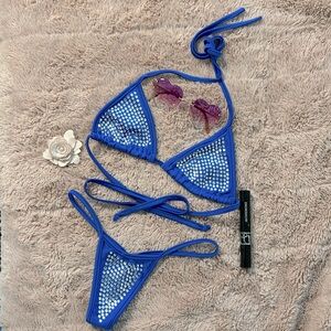 3/$15 Bikinis 🔥 Royal Blue Rhinestone Thong Bikini Size Small 💙
